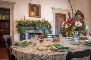 The West End mansion dining room decorated for a Victorian Christmas.